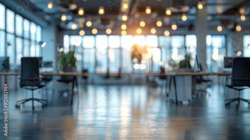 Empty open office space with a blurred background and soft bokeh lights, ideal for design concepts