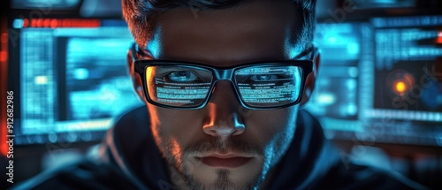 Ethical hacker,  An ethical hacker at a workstation, surrounded by screens that display real-time analytics of cyber threats. The hacker, wearing glasses and a hoodie, is executing