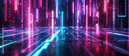 Futuristic Neon Light Background with Reflective Floor Abstract Virtual Reality and Internet Data Network Connection 3D Rendered Scene