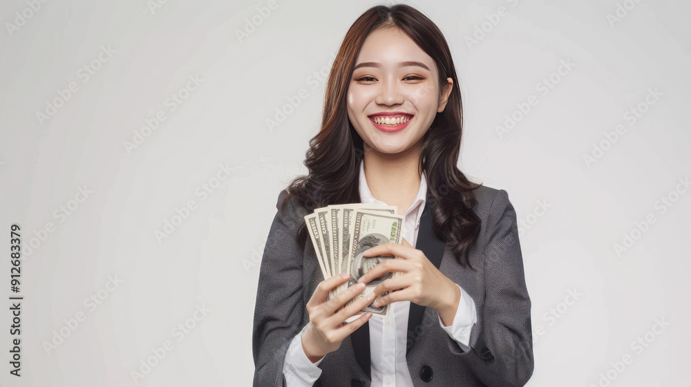 Cheerful young Asian businesswoman holding a lot of money and a smartphone, smiling on an isolated white background Cheerful young Asian businesswoman holding a lot of money and a smartphone, smiling on an isolated white background