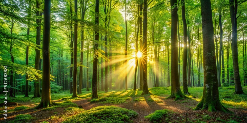 Vibrant green forest landscape illuminated by warm sunlight rays filtering through tall trees with lush foliage, creating a serene and peaceful natural ambiance. Vibrant green forest landscape illuminated by warm sunlight rays filtering through tall trees with lush foliage, creating a serene and peaceful natural ambiance.