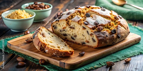 Traditional Irish soda bread with raisins and nuts , Irish, soda bread, dense, hearty, baking soda, raisins, nuts, homemade photo