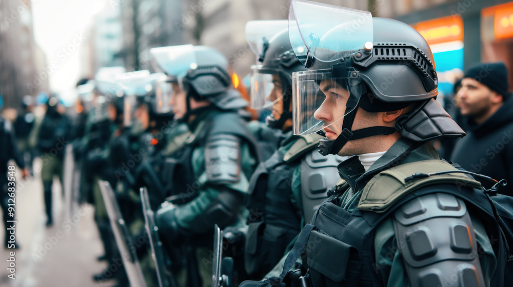 A line of riot police officers in protective gear and helmets with visors standing on a city street prepared for crowd control. A line of riot police officers in protective gear and helmets with visors standing on a city street prepared for crowd control.