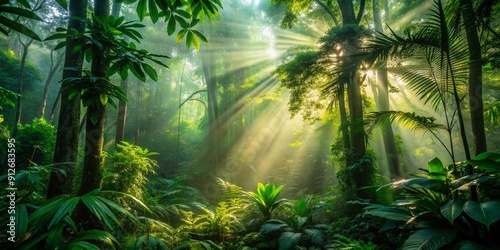 Vibrant green foliage fills the frame as warm sunlight filters through dense jungle trees, casting dappled shadows on the misty forest floor beneath. photo