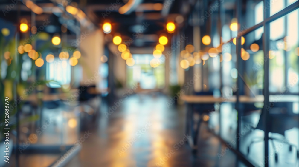 Blurred open office environment with abstract light bokeh, emphasizing a spacious and modern design Blurred open office environment with abstract light bokeh, emphasizing a spacious and modern design
