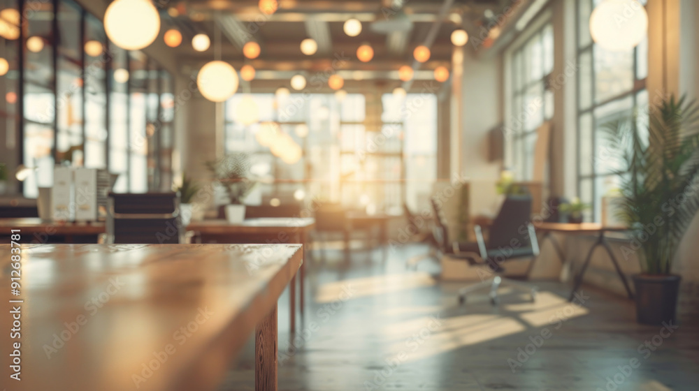 Blurred open office environment with abstract light bokeh, emphasizing a spacious and modern design Blurred open office environment with abstract light bokeh, emphasizing a spacious and modern design