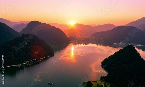 View of Sun Lake Moon in the Red Sky at Sunset, Taiwan photo