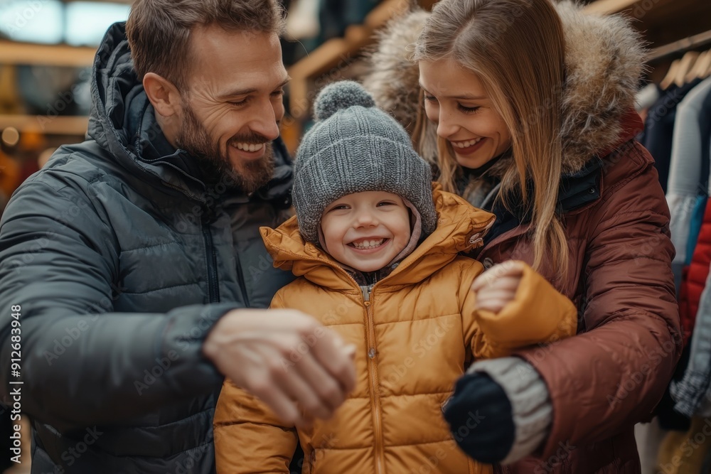 A cheerful family of three enjoying a winter day together at an outdoor market, bundled up in warm clothes, expressing love and happiness through their smiles. A cheerful family of three enjoying a winter day together at an outdoor market, bundled up in warm clothes, expressing love and happiness through their smiles.