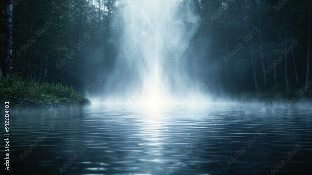 A haunted forest river with ghostly apparitions appearing in the mist above the water