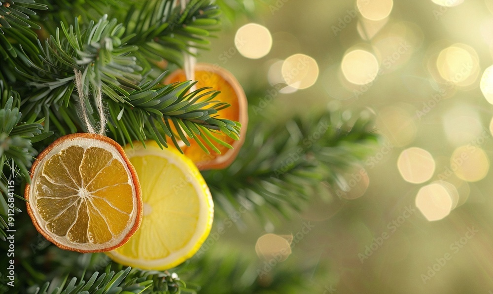 horizontal image, closeup view, christmas tree with dry oranges. Festive background. For new year, banner, design, cover, shop, etsy, card, thumbnail, linkedin. Copy space for text horizontal image, closeup view, christmas tree with dry oranges. Festive background. For new year, banner, design, cover, shop, etsy, card, thumbnail, linkedin. Copy space for text