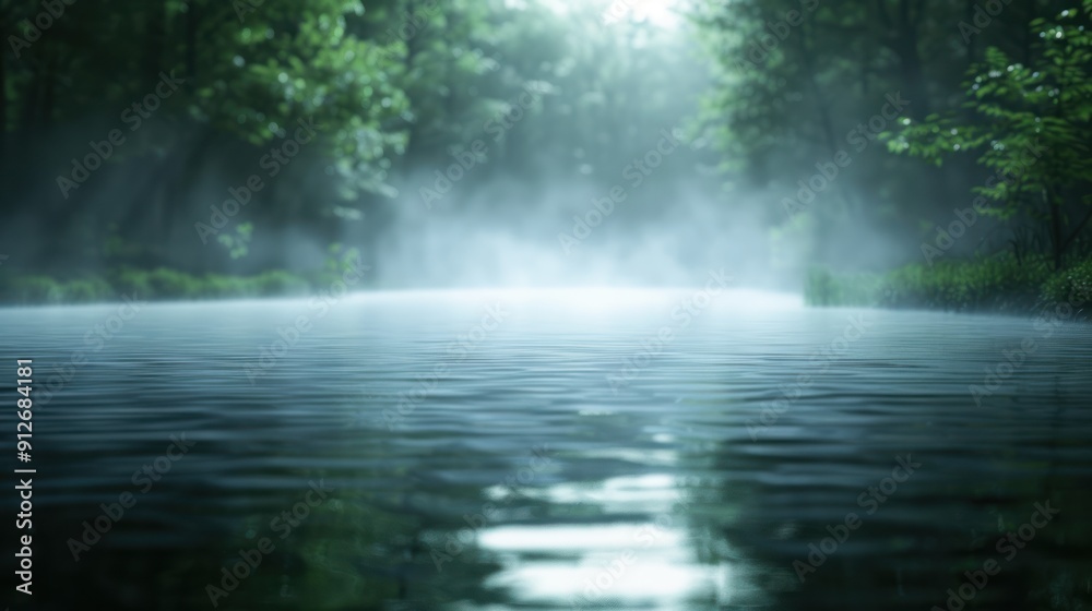 A haunted forest river with ghostly apparitions appearing in the mist above the water A haunted forest river with ghostly apparitions appearing in the mist above the water
