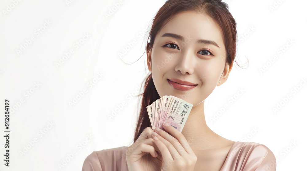 Beautiful woman smiling and holding South Korean won money, looking thoughtful, isolated on a white background Beautiful woman smiling and holding South Korean won money, looking thoughtful, isolated on a white background