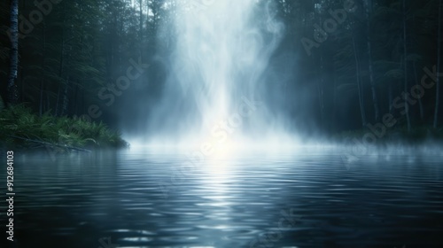 Obraz na płótnie A haunted forest river with ghostly apparitions appearing in the mist above the water w salonie