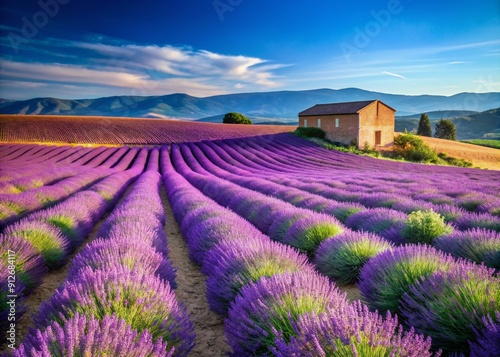 Vibrant purple lavender fields stretch towards the horizon, surrounded by rolling hills, with a charming stone farmhouse nestled in the distance under a clear blue sky.