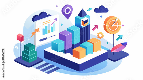 3D Project Development Icon with Growth Steps and Financial Success on White Background. Perfect for: Business Conferences, Corporate Meetings