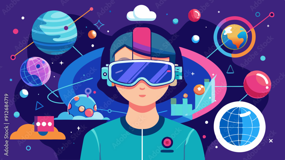 Naklejka premium Person Using Virtual Reality Glasses in a Virtual World Scene. Perfect for: Tech Shows, Gaming Events