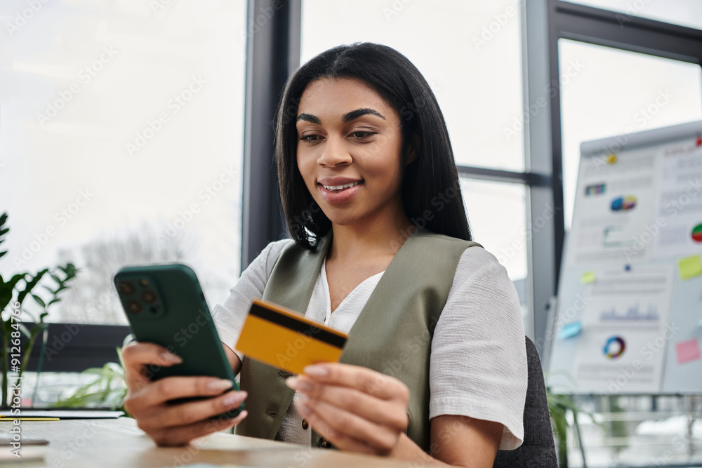 A young woman enjoys shopping online using her smartphone. A young woman enjoys shopping online using her smartphone.