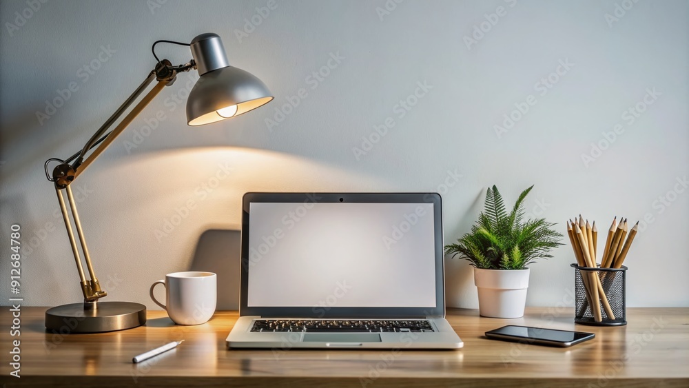 Fototapeta premium modern minimalist desk setup with laptop, lamp, and stationery