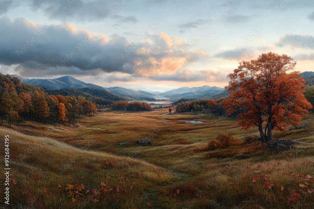 A peaceful valley surrounded by vibrant autumn trees with mist-covered mountains in the background, showcasing the serenity and beauty of the autumn season.