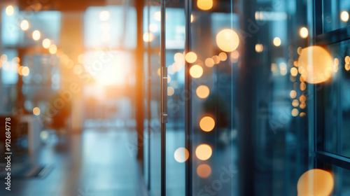 Abstract bokeh lights in a blurred open office space, highlighting a clean and modern interior