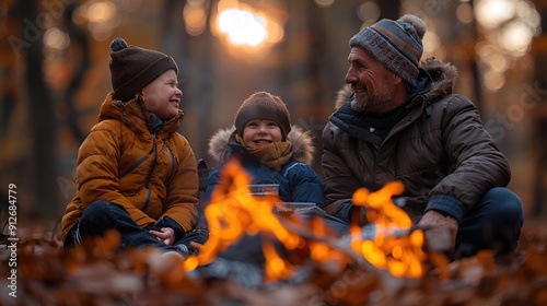 Family Campfire Gathering in the Woods
