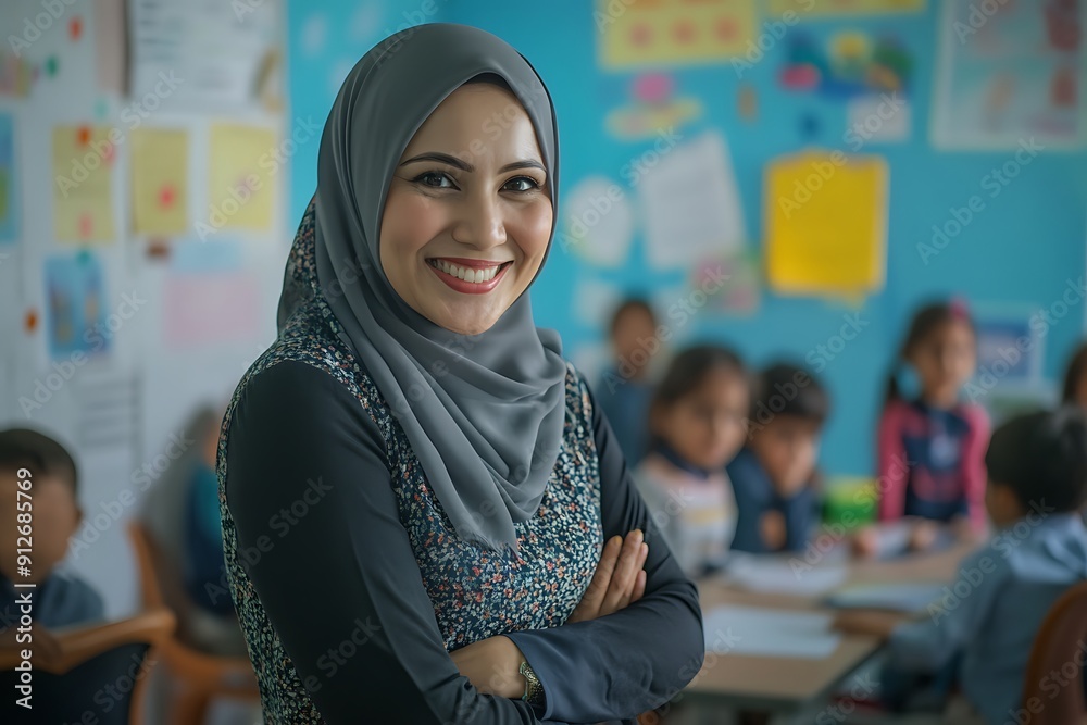 Smiling Female Teacher in Hijab with Students in Classroom