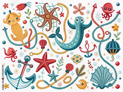 Whimsical nautical illustrations of anchors, ropes, and sea creatures in bold lines and bright colors dance across a crisp white background, evoking a sense of carefree adventure. photo