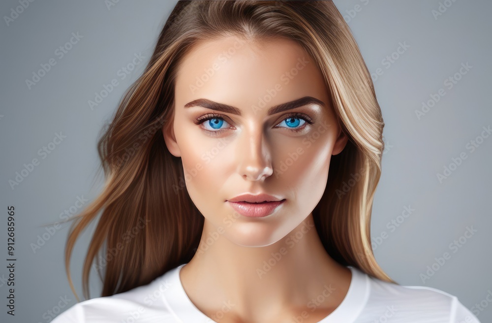 young woman in white t-shirt and natural hairstyle on gray background. pretty model with blue eyes young woman in white t-shirt and natural hairstyle on gray background. pretty model with blue eyes