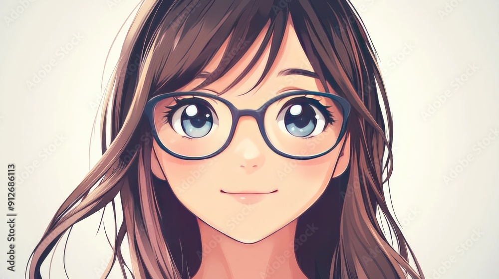 Fototapeta premium Adorable anime girl with glasses and a shy smile, in vector style
