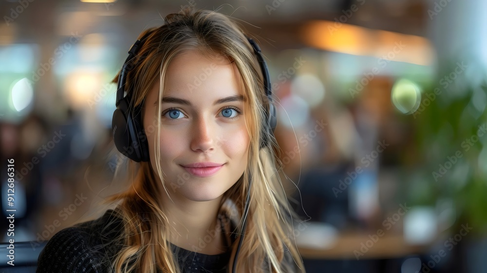 A woman wearing headphones and smiling A woman wearing headphones and smiling