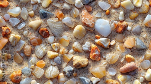 Smooth, Colorful Pebbles Embedded in Sand photo