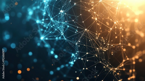 Abstract blue and gold network with glowing dots on dark background.