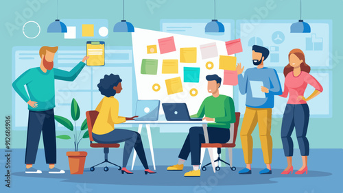 Teams Brainstorming with Sticky Notes of Creative Ideas. Perfect for: Creative Workshop, Innovation Day, Team Building Event