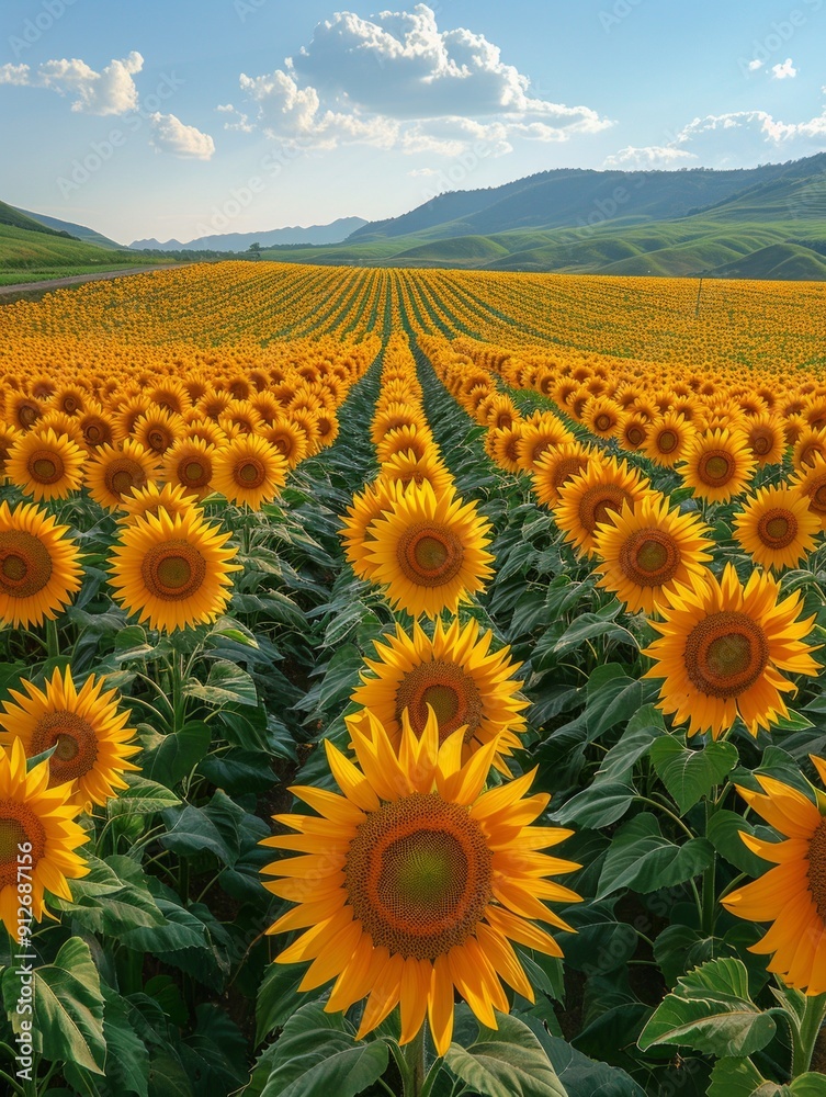 Fototapeta premium Vibrant sunflower field stretching toward a bright blue sky. Rows of golden flowers create a breathtaking view. Ideal for nature photography and landscape enthusiasts. AI