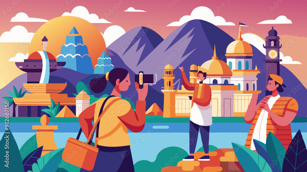 Fototapeta premium Travelers Taking Photos at Exotic Cultural Sites. Perfect for: World Tourism Day, Cultural Festival, Travel Fair
