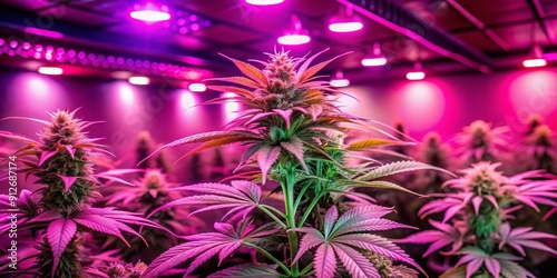 Vibrant green cannabis plants thrive indoors beneath pink-hued LED lights, their delicate leaves and buds illuminated in a warm, cozy, and highly controlled growing environment. photo