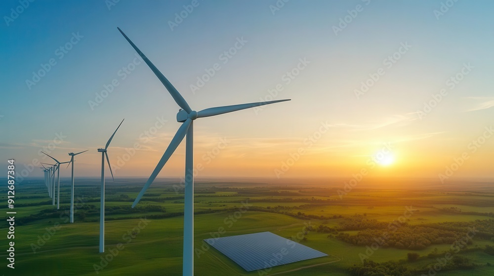 Fototapeta premium Aerial view of wind turbines at sunrise, showcasing renewable energy in a vast green landscape under a colorful sky.