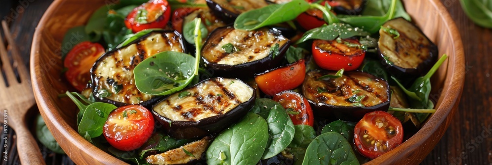 Delicious and nutritious vegetable salad with grilled eggplant spinach and tomatoes Ideal for a light lunch or side dish Delicious and nutritious vegetable salad with grilled eggplant spinach and tomatoes Ideal for a light lunch or side dish