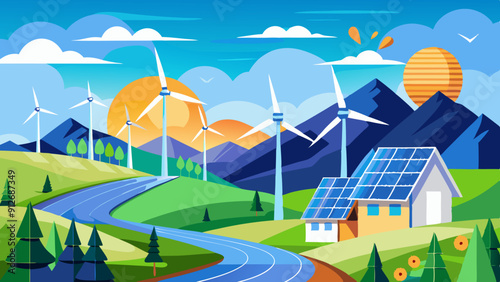 Wind Turbines and Solar Panels in Scenic View. Perfect for: Earth Day, Environmental Awareness Week, Clean Energy Summit