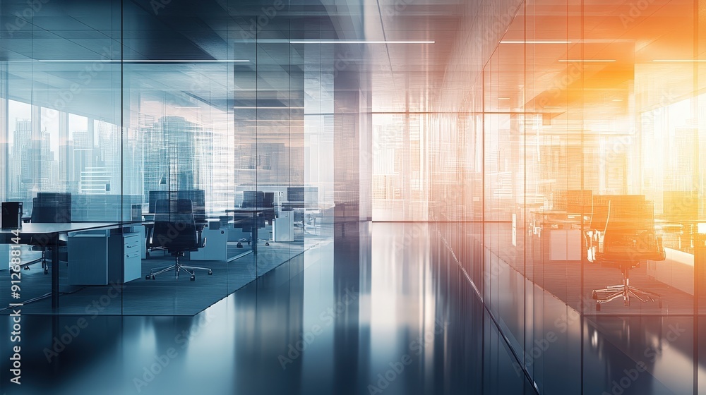 Naklejka premium Modern corporate office interior with glass partitions and empty workstations illuminated by warm sunset light.