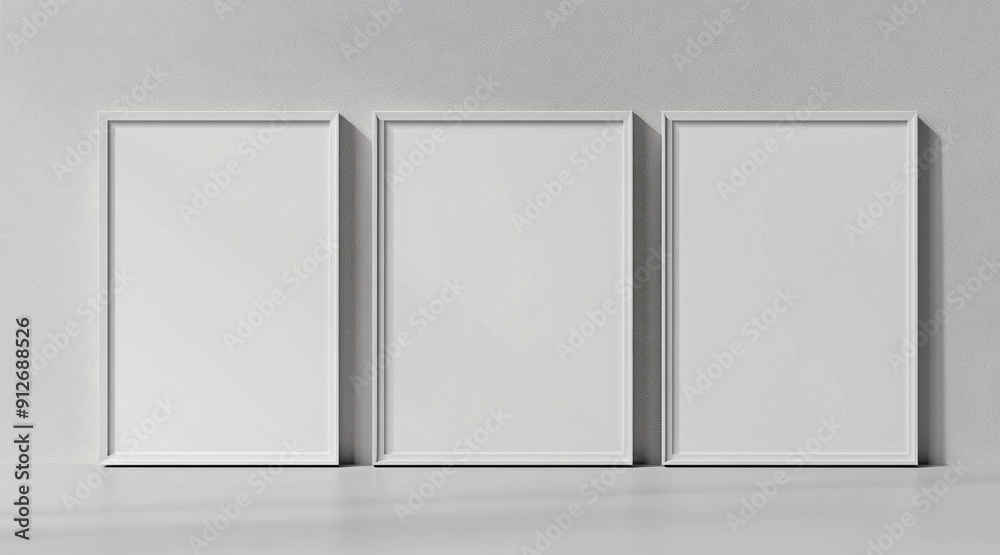 Three white empty frames mockup. Generative AI Three white empty frames mockup. Generative AI