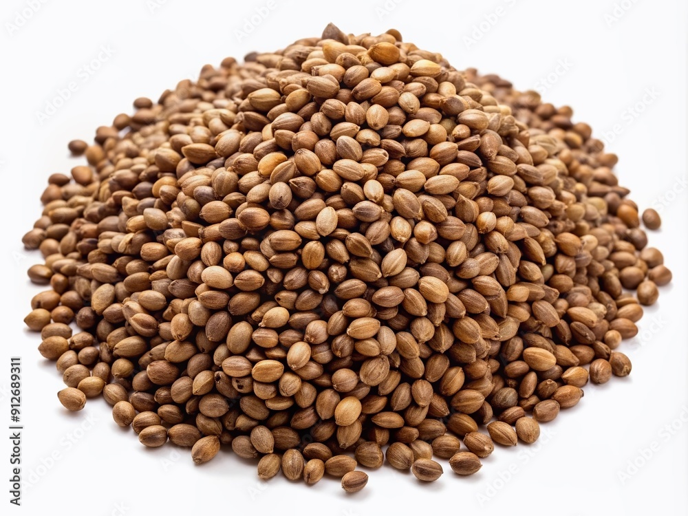 A neatly arranged heap of brown hemp seeds on a crisp white background, perfect for cannabidiol, nutrition, and sustainable living themed visual projects. A neatly arranged heap of brown hemp seeds on a crisp white background, perfect for cannabidiol, nutrition, and sustainable living themed visual projects.