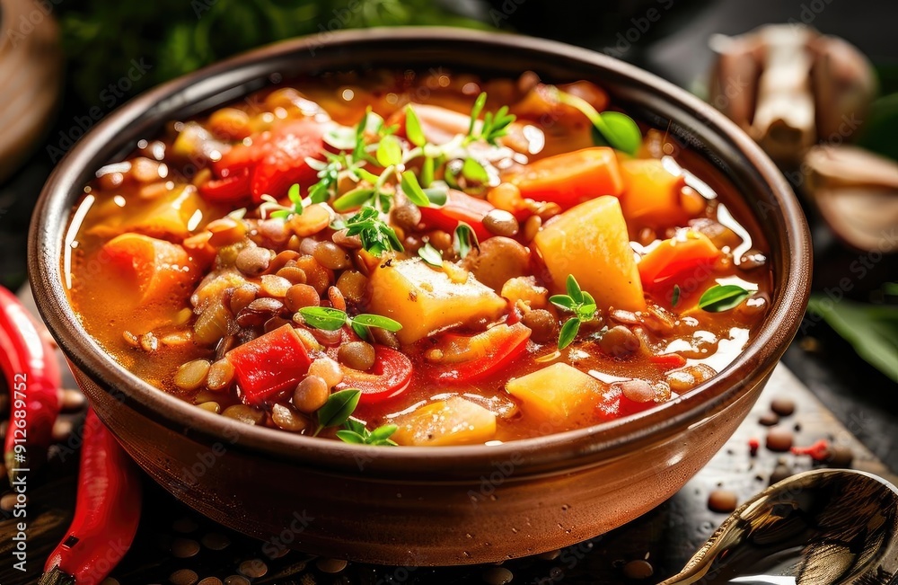 A hearty bowl of lentil stew filled with fresh vegetables, perfect for a nutritious meal packed with flavor and warmth.