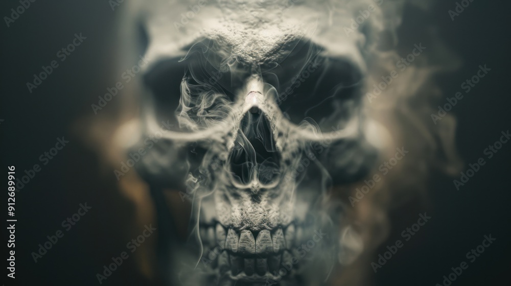 A spectral figure with a skeletal face, emerging from the darkness on the creepy forest path A spectral figure with a skeletal face, emerging from the darkness on the creepy forest path