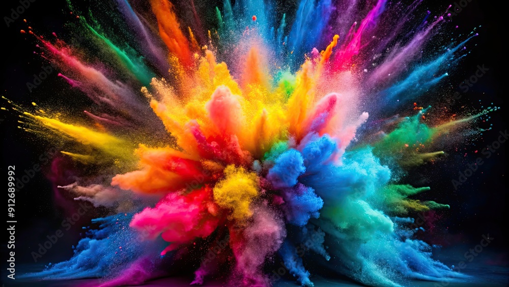 Fototapeta premium Vibrant multicolored powder explosion against a dark smoke-filled background, vibrant, multicolored, powder