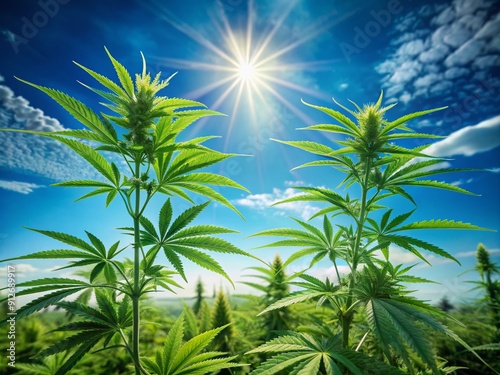 Vibrant green marijuana plants stretch towards the sky, their dense foliage contrasting beautifully against the clear blue horizon in a serene and peaceful atmosphere. photo