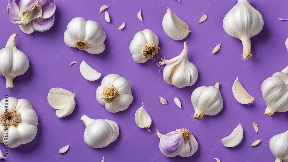 A purple background with a bunch of garlic on it A purple background with a bunch of garlic on it