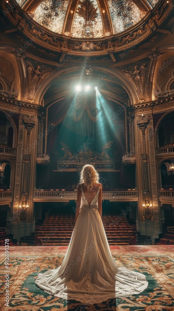 A bride in a flowing gown looks out from the stage of a grand theater illuminated by soft lights A bride in a flowing gown looks out from the stage of a grand theater illuminated by soft lights