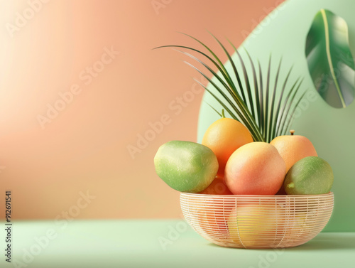 Fruit in Wicker Basket, Light Green Background, Generative AI Illustration