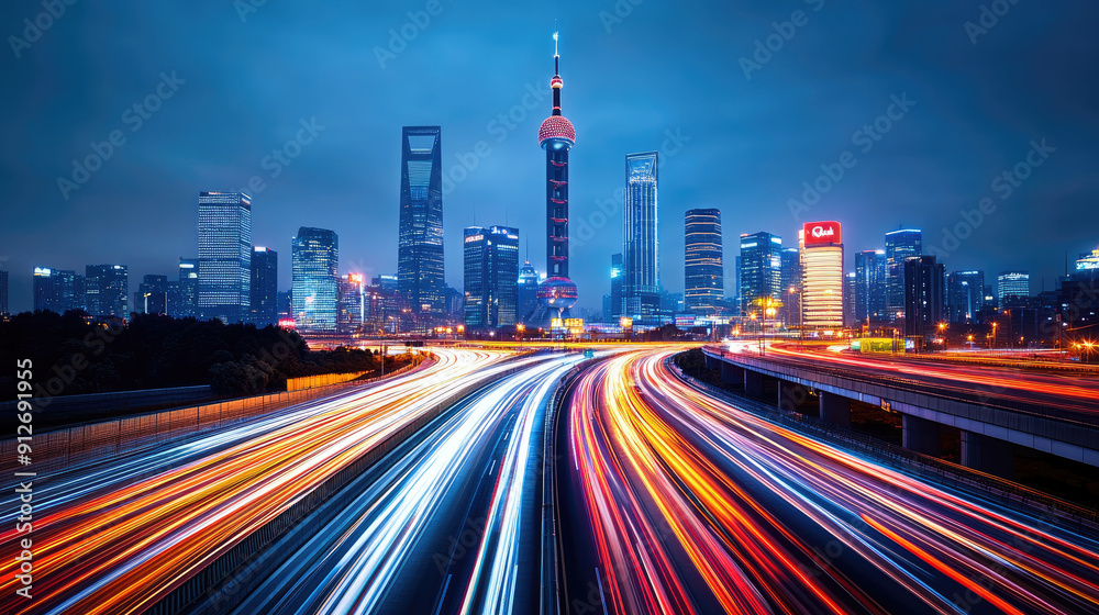 Fototapeta premium A stunning night view of a city skyline with vibrant light trails on a highway, showcasing modern architecture and urban life.